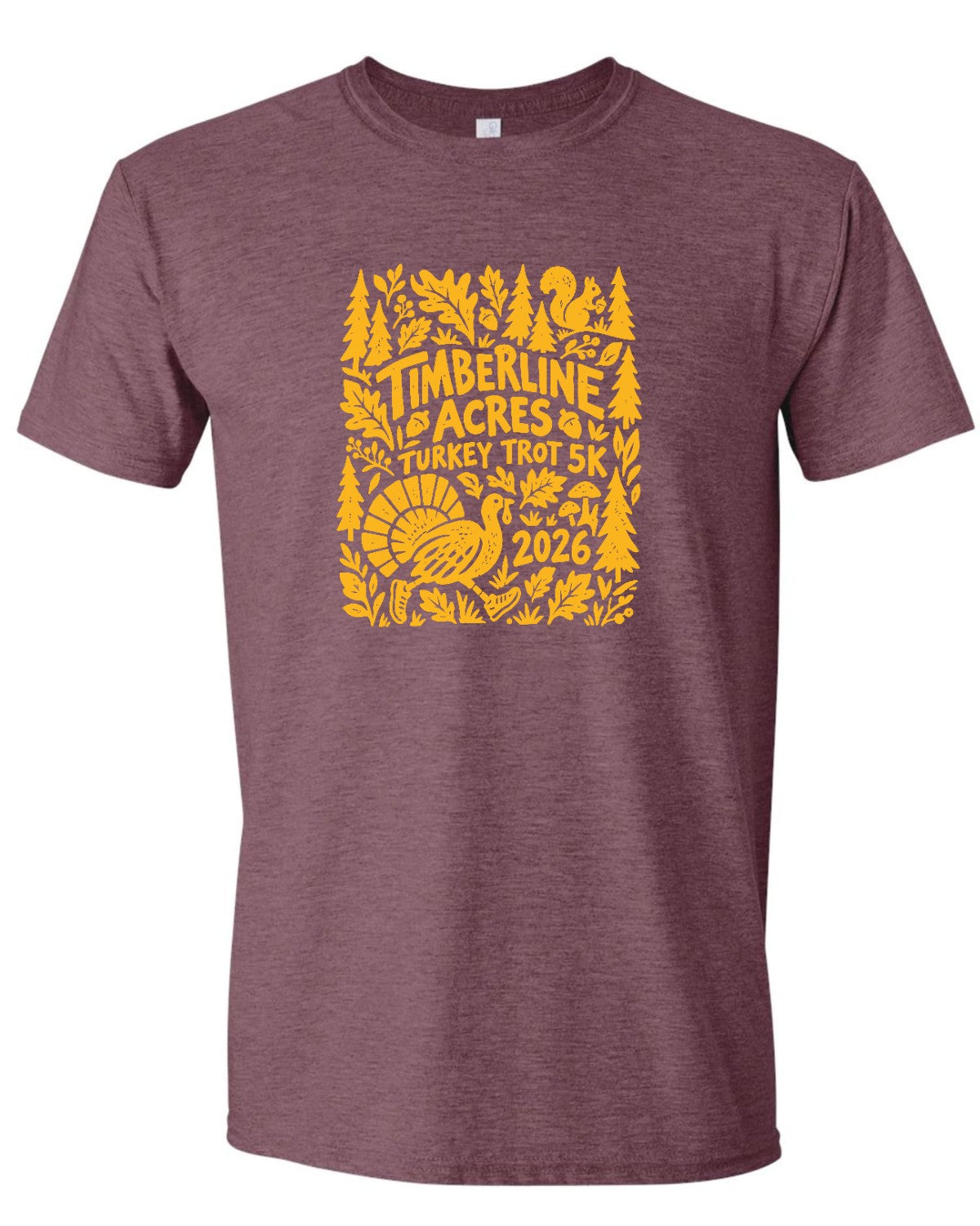 Timberline Acres Turkey Trot Unisex Softstyle® T-Shirt — Heather Maroon, front